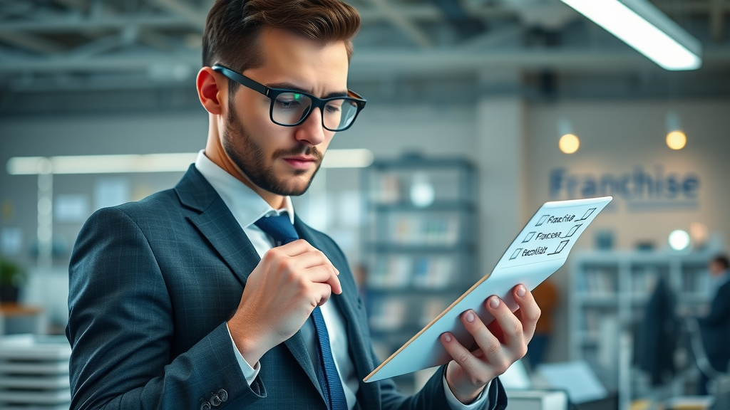 business owner checking franchise for sale checklist on digital tablet in modern workspace