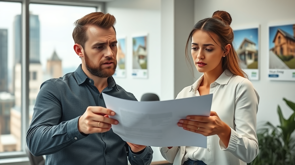 concerned homebuyers at a real estate office reviewing broker fee negotiation paperwork, photorealistic