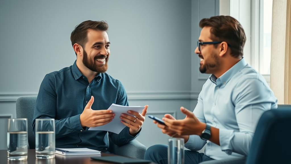 business owner asking valuation questions, expert advisor responding during a professional business valuation meeting with notepads and water glasses