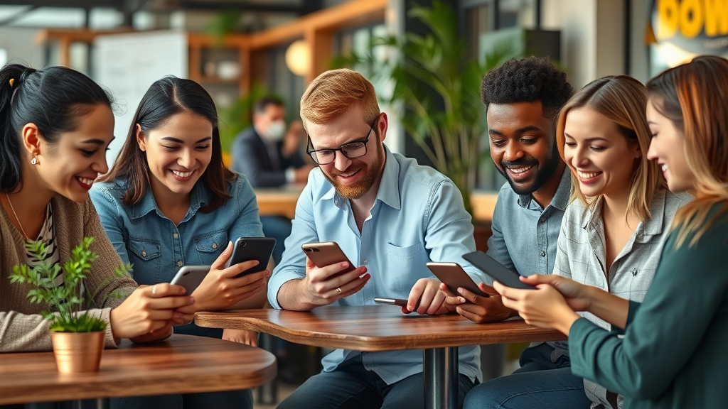 diverse consumers checking verified business profiles on smartphones in a modern urban cafe