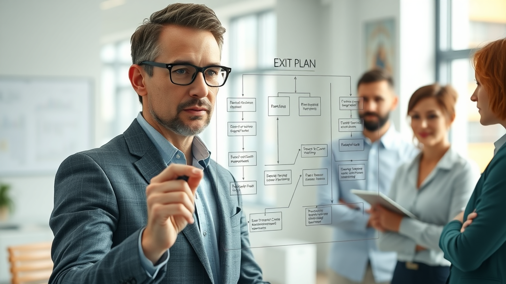 Business owner creating an exit strategy flowchart before selling a business