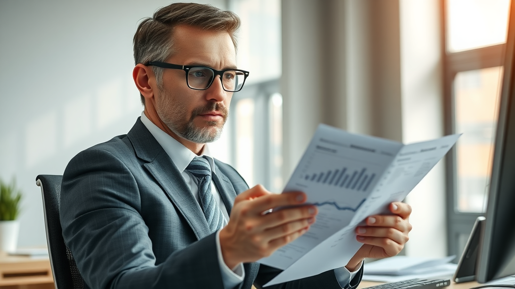 professional business owner reviewing financial papers in a modern office; business valuation, cash flow, business owner