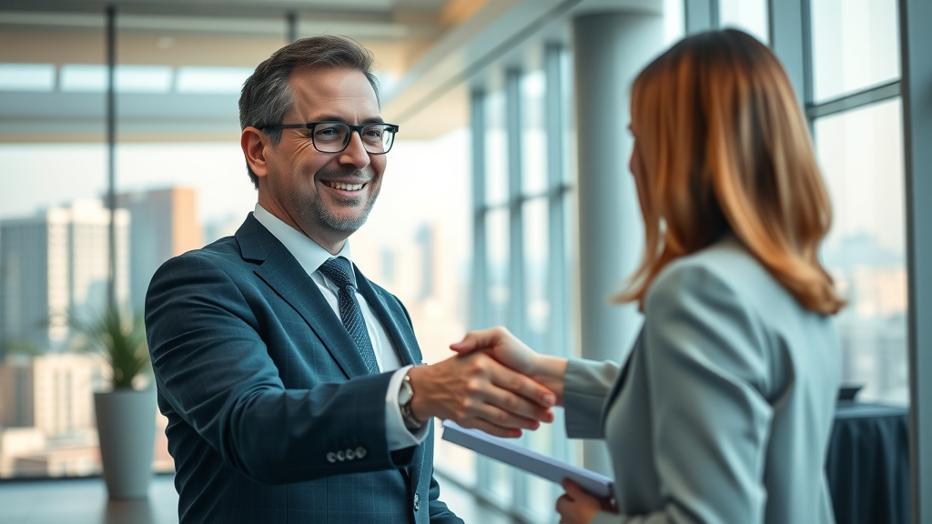 business sale process professional broker shaking hands with client in upscale office