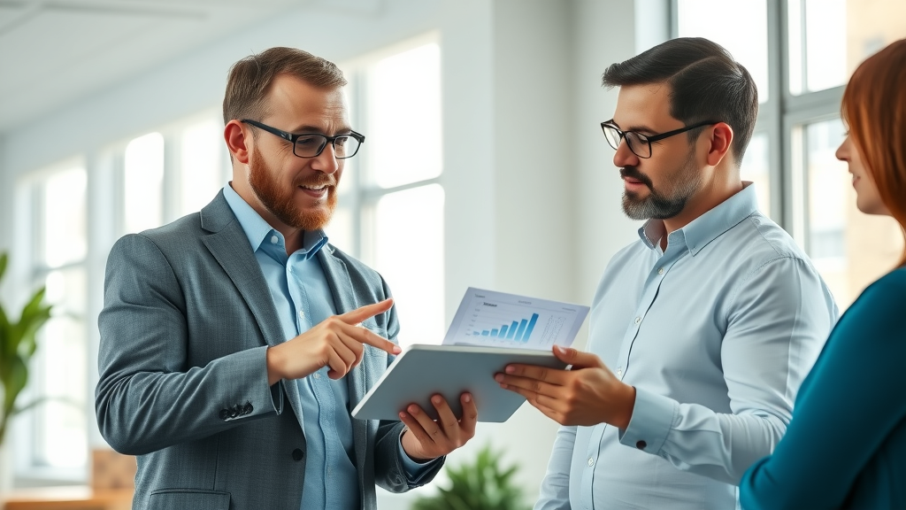 Real estate advisor presenting tips for lowering broker fees in property sales to a couple in a modern office