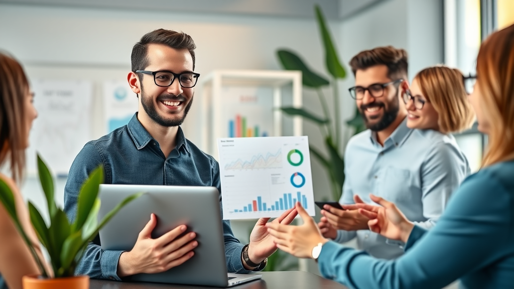 Digital marketer discussing small business opportunities analytics in modern office