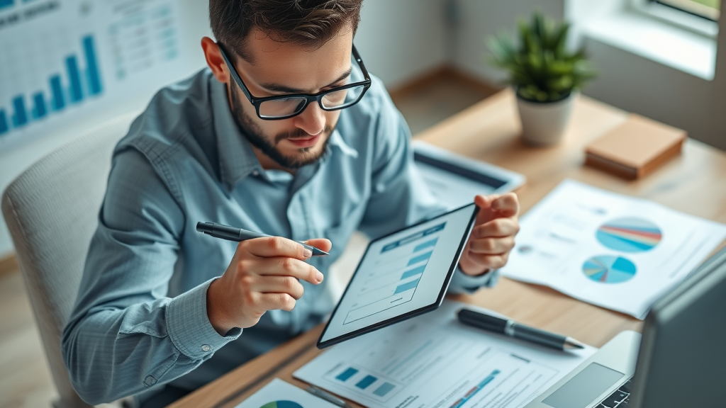 attentive analyst verifying business sale listing checklist on a tablet