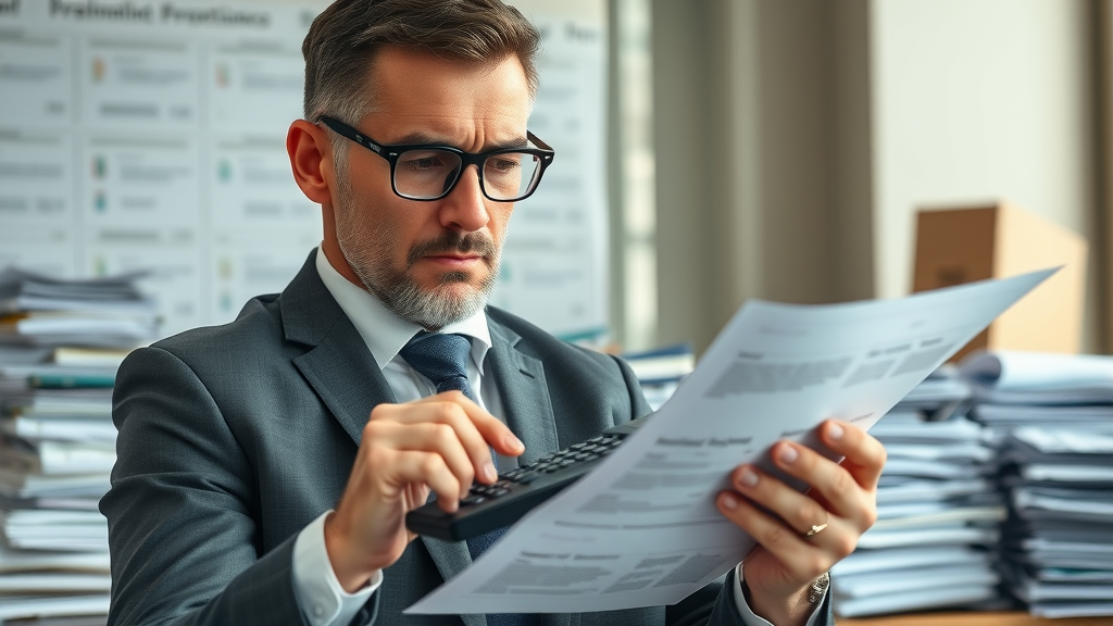 stressed business owner reviewing documents with calculator selling a business