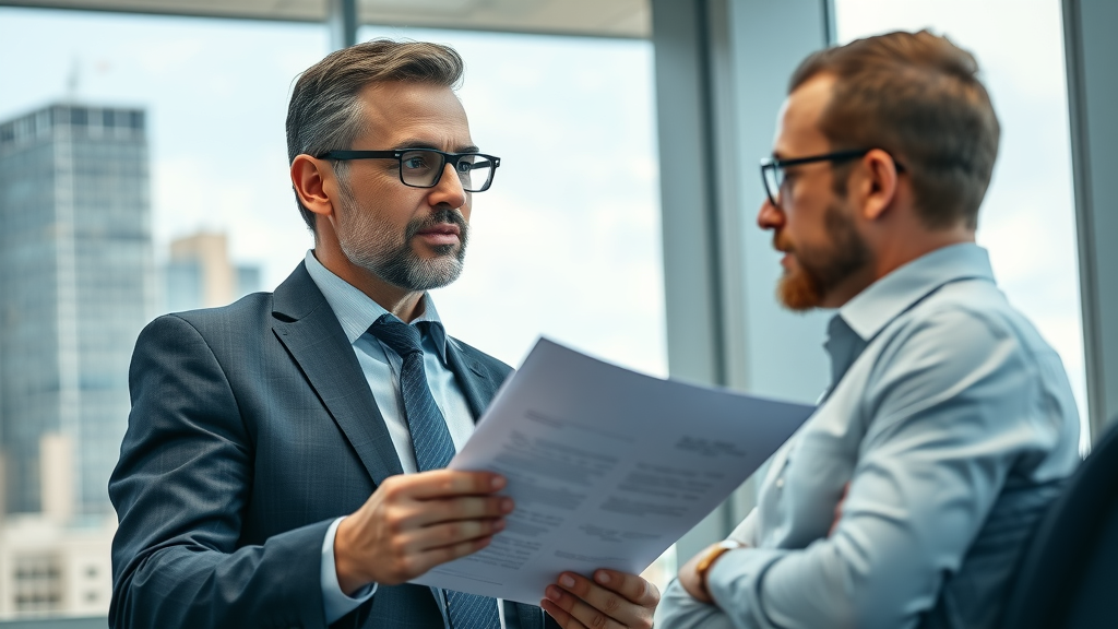 fair market value business valuation, business advisor discussing value with small business owner in contemporary office with city view