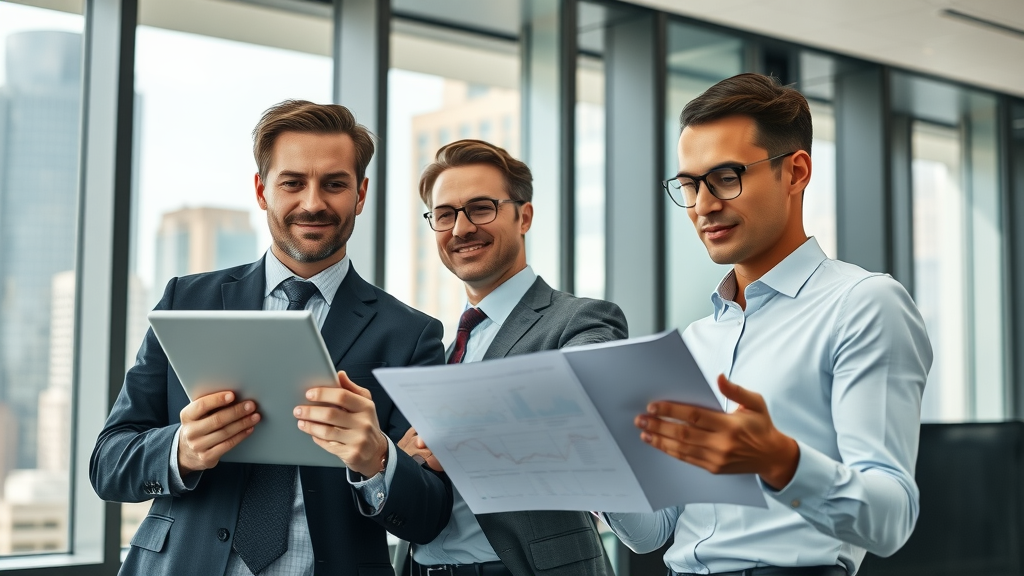 commercial real estate brokers in modern office analyzing data for strategic deals