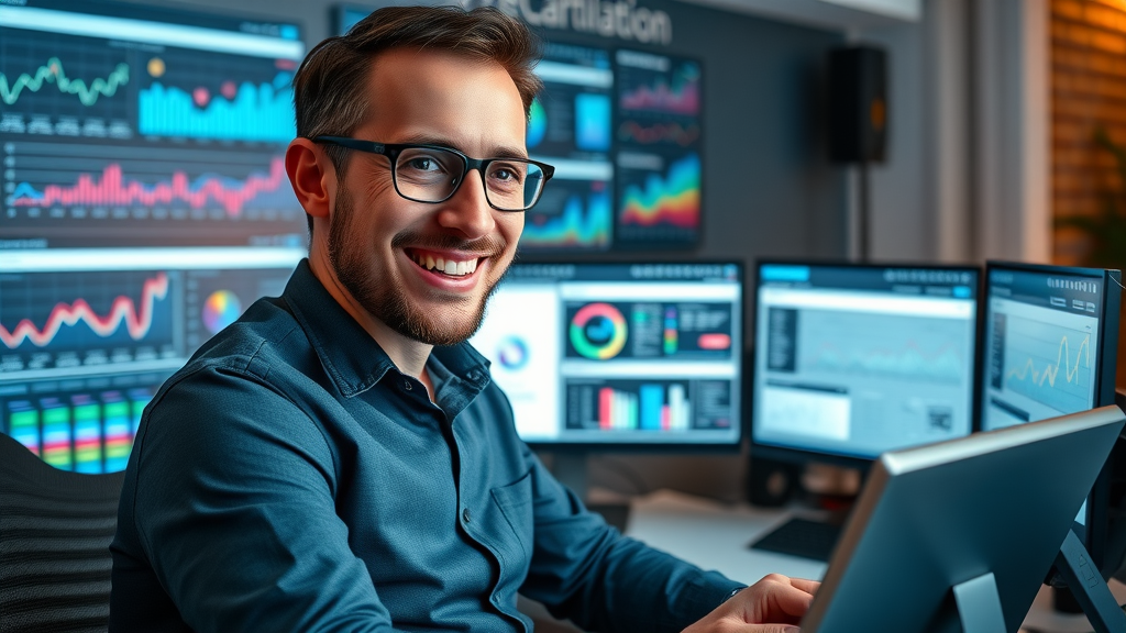 dynamic digital entrepreneur monitoring eCommerce and SaaS dashboards, online businesses for sale