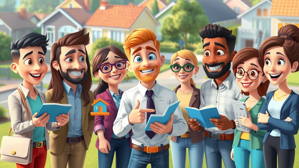 diverse group of buyers, sellers, and renters with a real estate agent discussing broker fees responsibility in home transactions