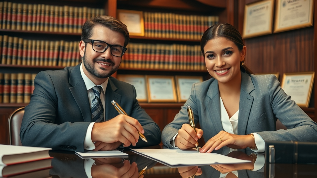 Business seller and lawyer completing business sale legal documents