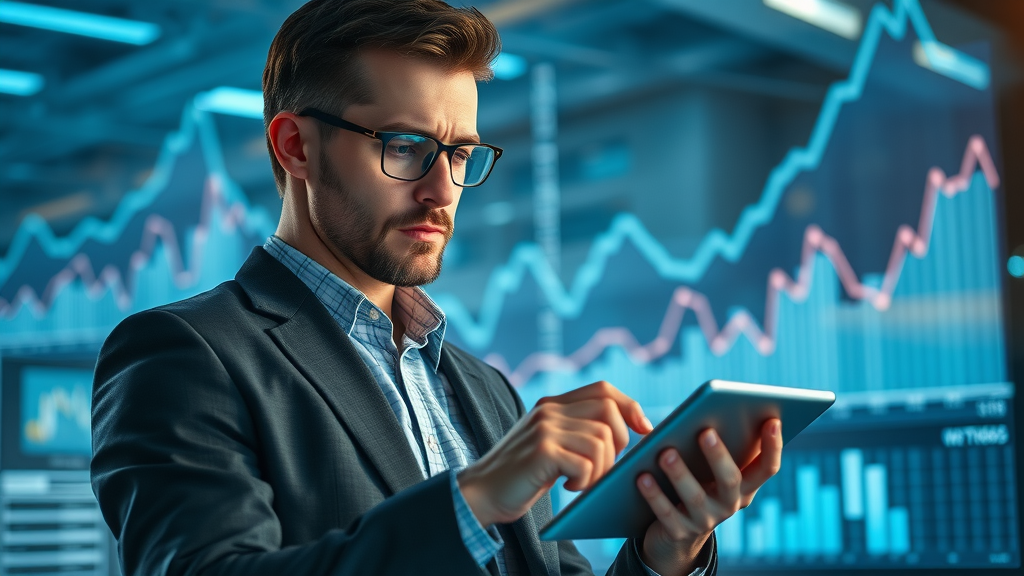 Entrepreneur analyzing small business ideas on tablet with futuristic graphics