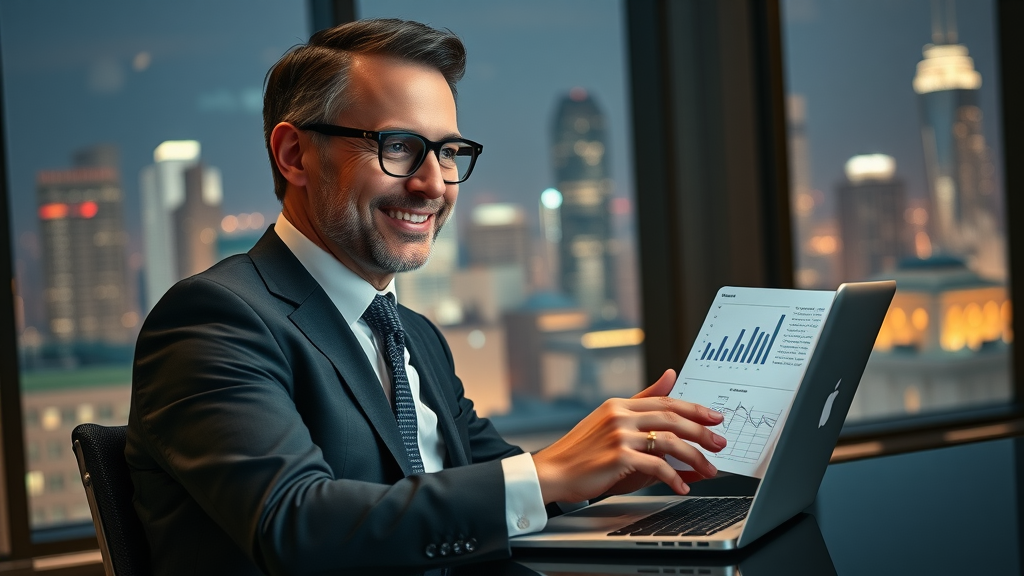successful commercial real estate broker analyzing sales data in executive office