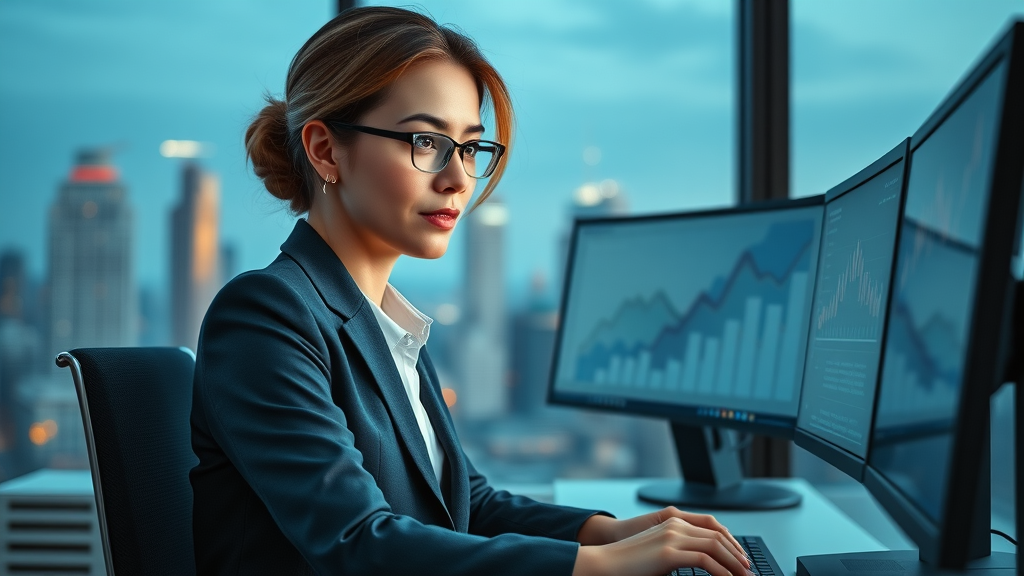 business sale process businesswoman analyzing business valuation charts on computer with city skyline backdrop