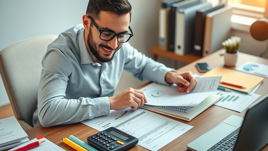 meticulous business owner organizing financial statements on a desk, business preparation checklist, business broker, business sales