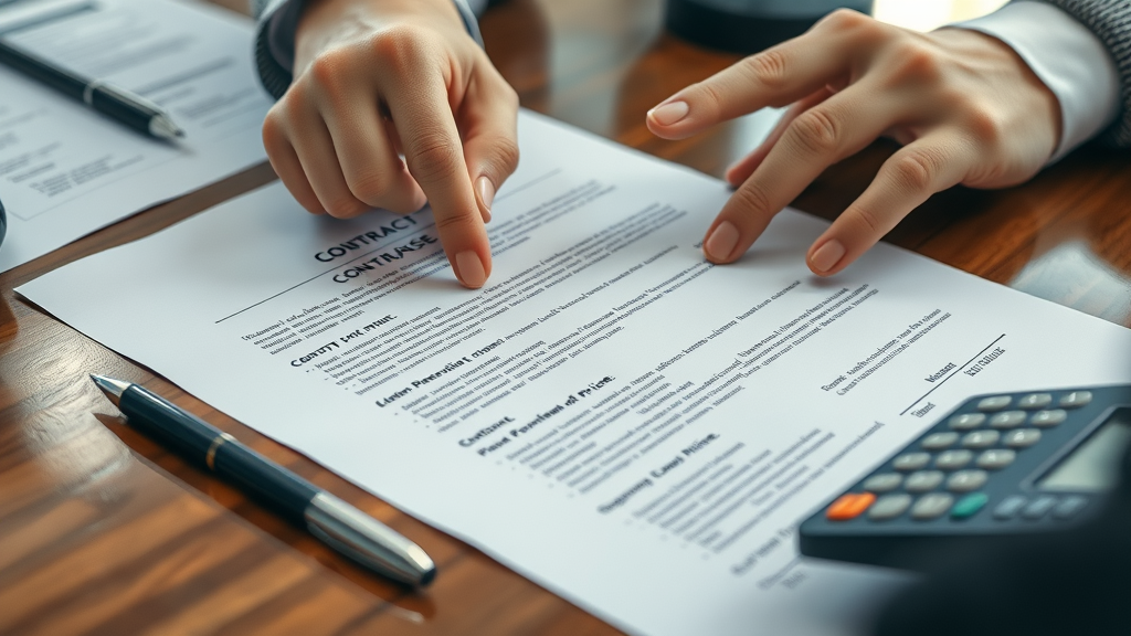 Contract showing highlighted key clauses and hands pointing to purchase price section in a business sale agreement.