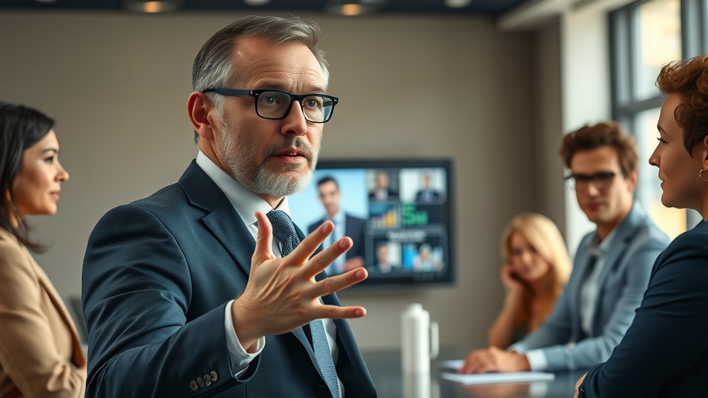 business sale process charismatic business broker presenting to team in boardroom