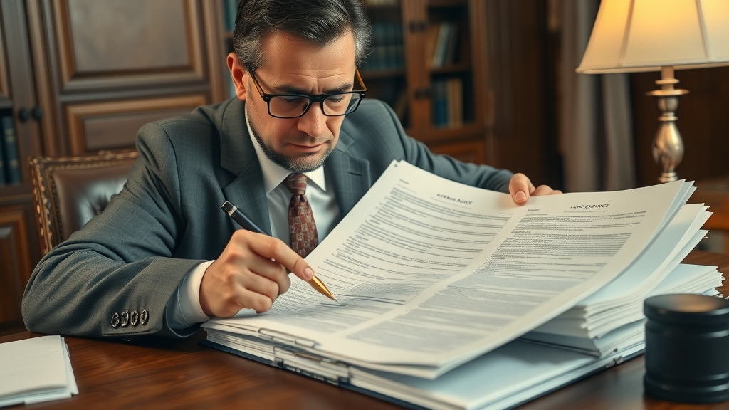 business sale process meticulous lawyer reviewing legal documents for sales agreement at wooden desk