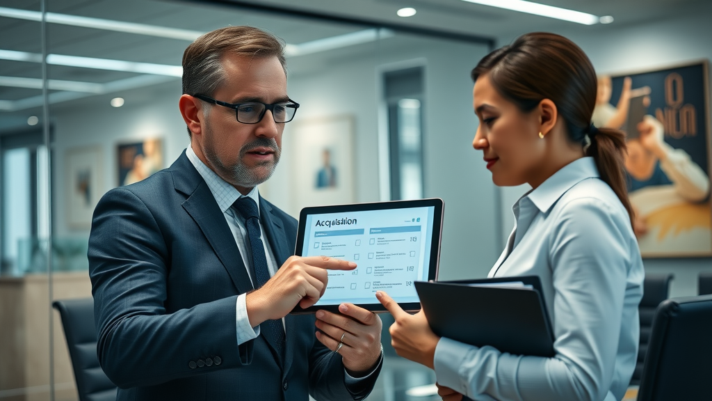 how to buy an established business - advisor guiding buyer through checklist on tablet