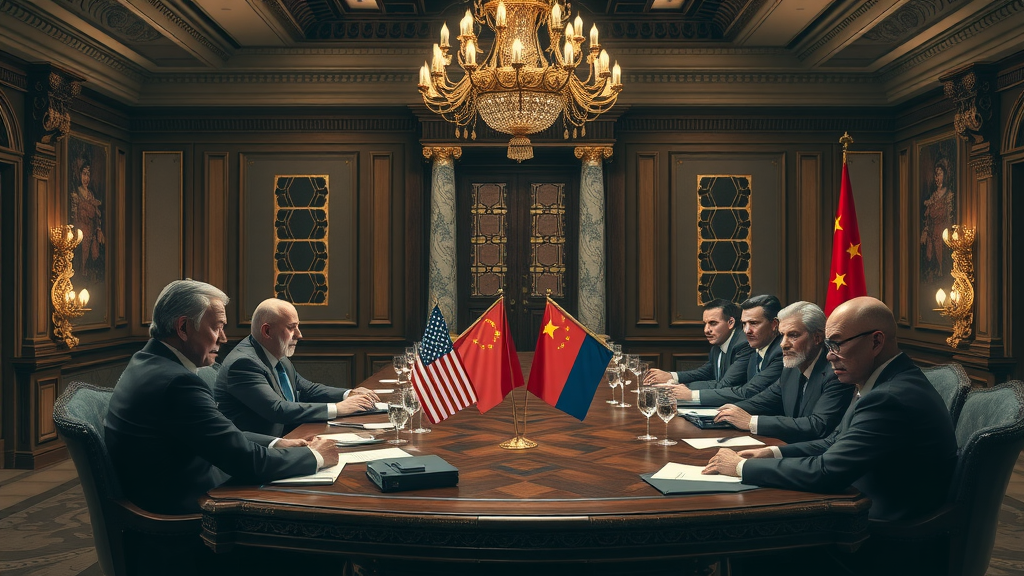 trade war 2025 historic trade negotiation, US and China diplomats debating at grand table, ornate conference hall