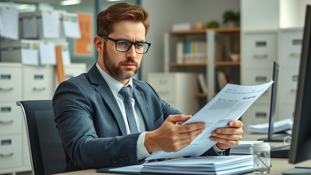 Confident business owner reviewing documents during the business sale process, focused on organizing financial records.