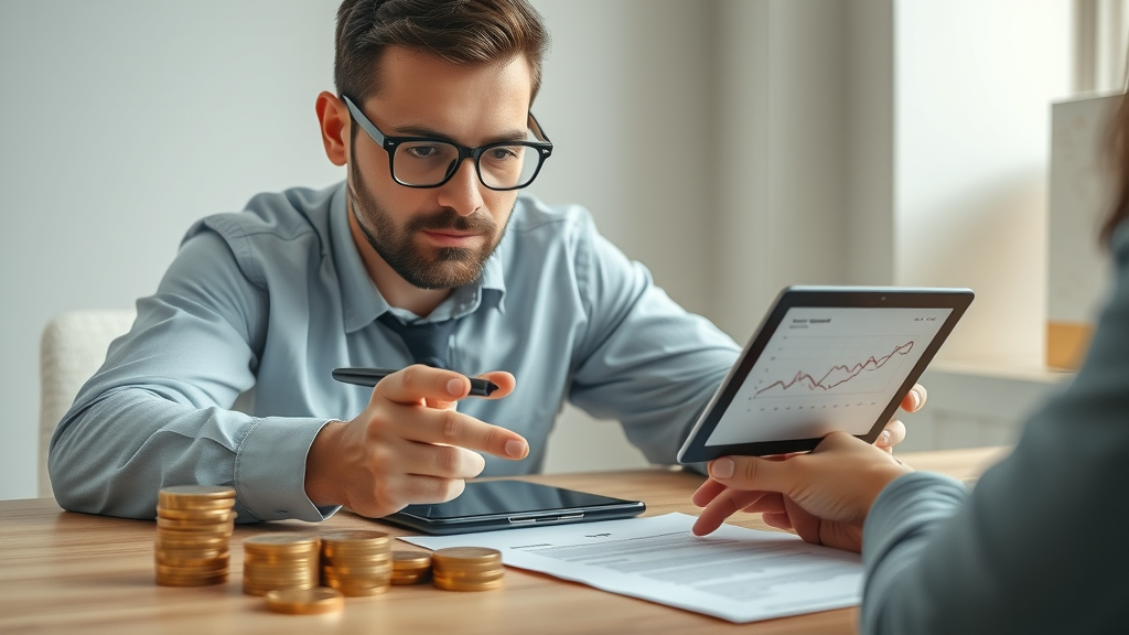 Business broker explaining commission rates on digital tablet, business broker fees, small business brokers cost breakdown, business sale contract negotiation