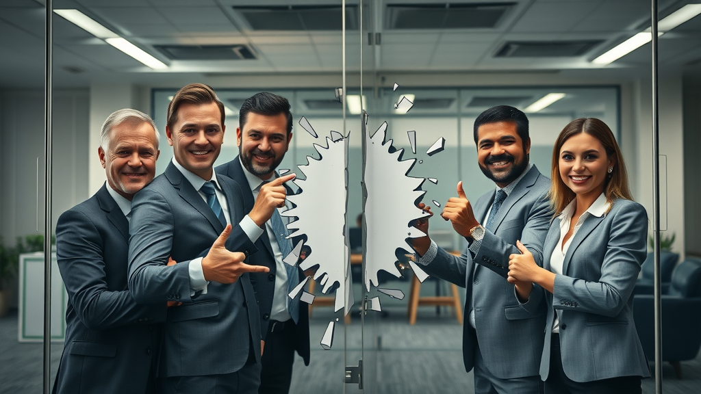 Business professionals dismantling a wall between sales and marketing teams for unified business sale marketing strategies