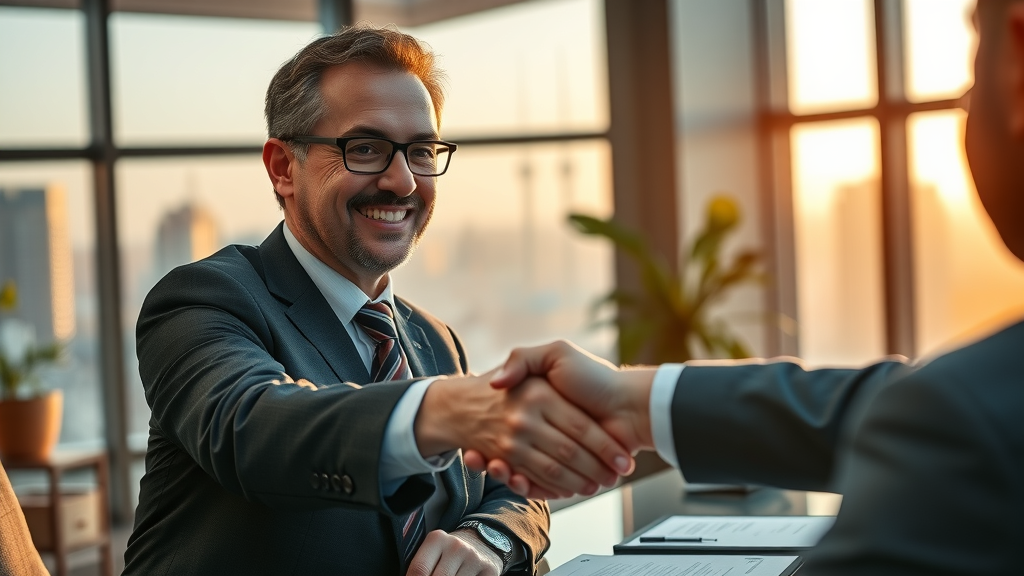 Professional business broker facilitating a meeting between seller and buyer for business sale.