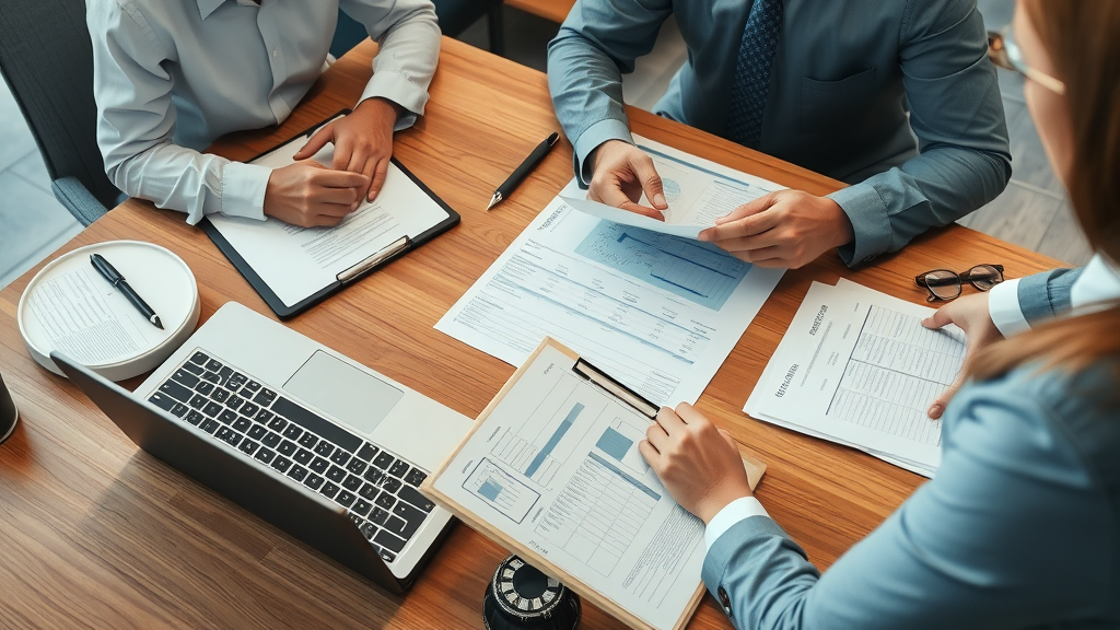 Professional accountant and lawyer reviewing financial statements and legal documents during due diligence in business sale negotiation