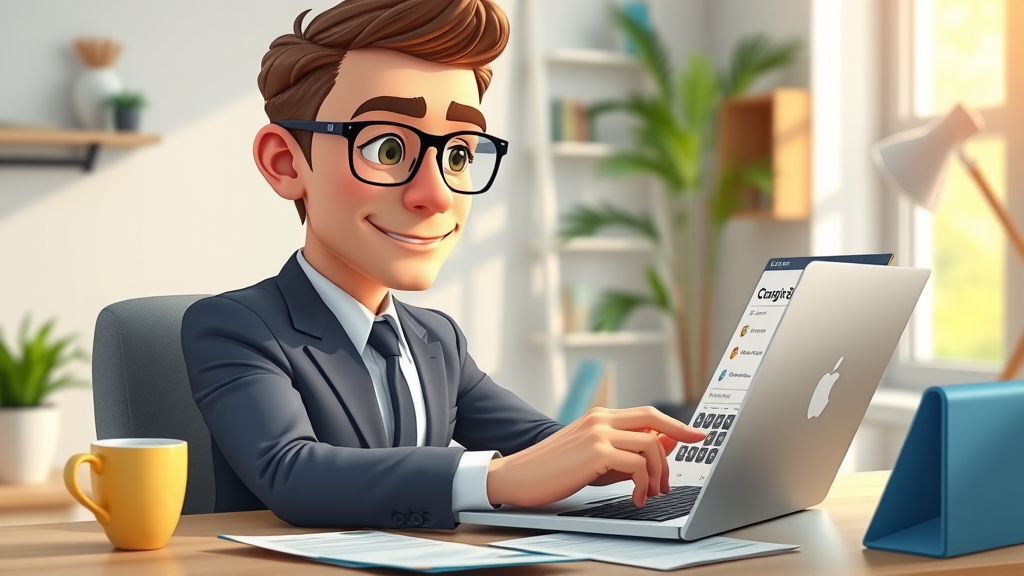 Business owner using online business broker commission calculator on a laptop with coffee cup and documents nearby