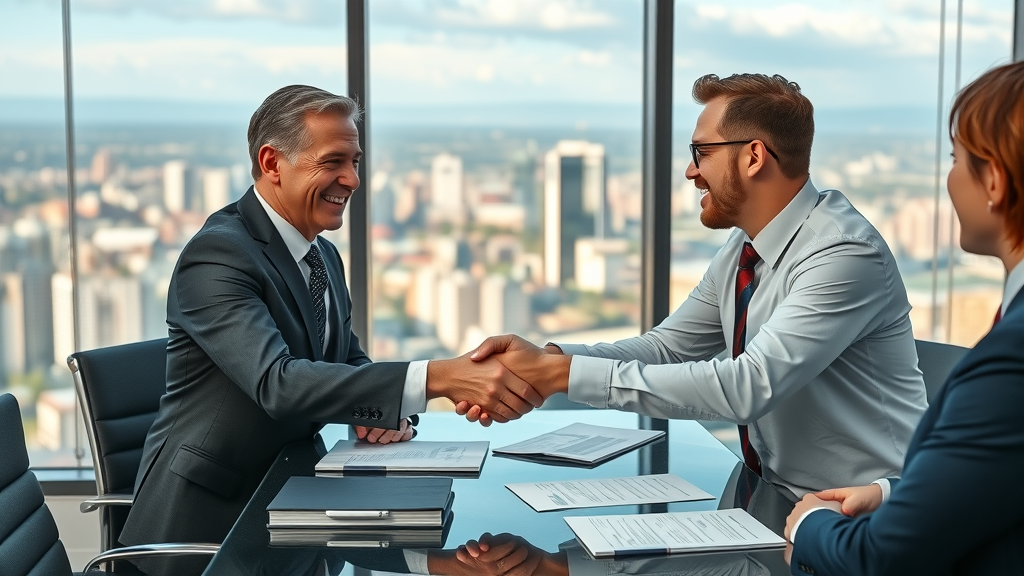 business acquisition executives closing a deal in modern office with city view