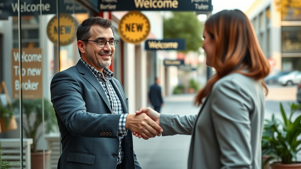 Entrepreneur shaking hands with business broker at new business location - buy a business