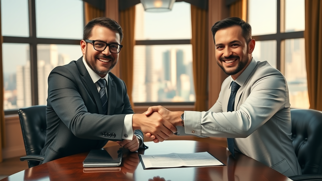 confident negotiator closing business deal, shaking hands over signed contract in a boardroom