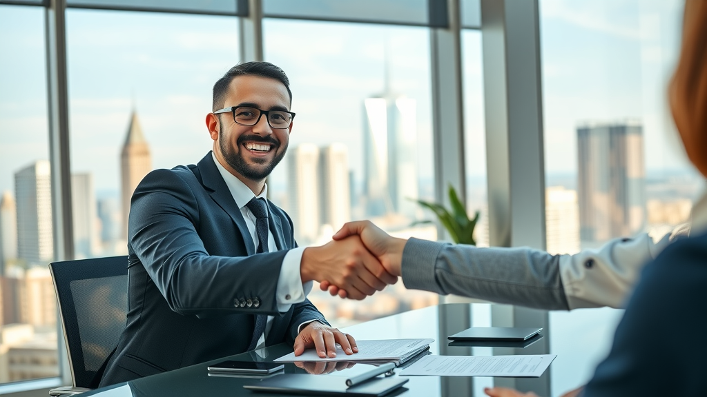 Enthusiastic small business broker offering handshake to client in a modern office with city skyline and paperwork