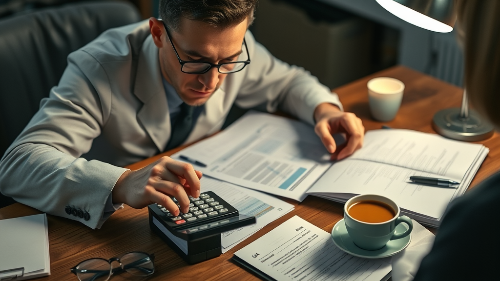 serious accountant analyzing tax returns and cash flow for buying a business