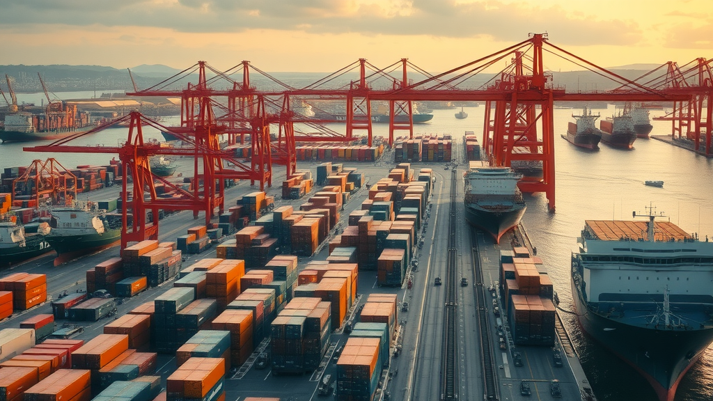 trade war 2025 complex cargo shipping port with global containers and cranes, supply chain crisis, global trade disruptions