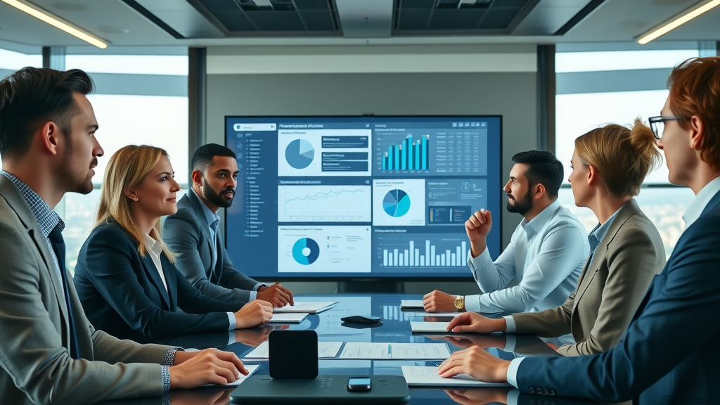 Confidential business sale focused executive team diverse professionals reviewing confidential files and digital data in conference room