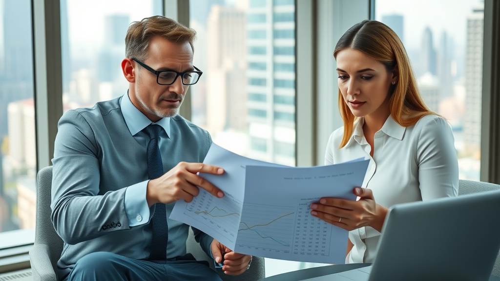 meticulous financial advisor examining buying a business spreadsheets