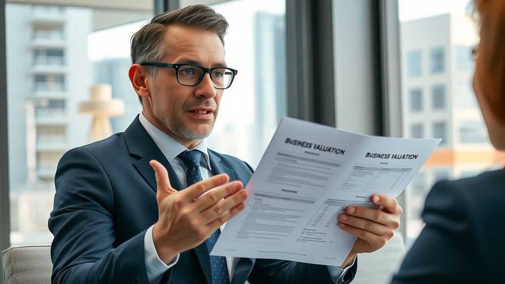 Experienced business broker presenting business valuation report in modern office, small business brokers, businesses for sale, client consultation, business sale documents