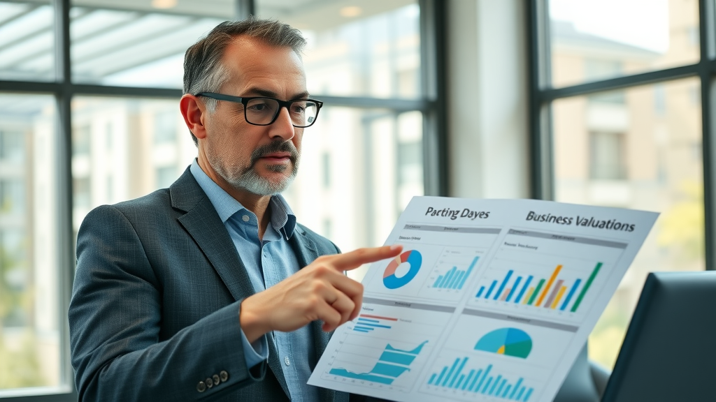 Business owner and valuator analyzing business valuation charts during a business sale negotiation