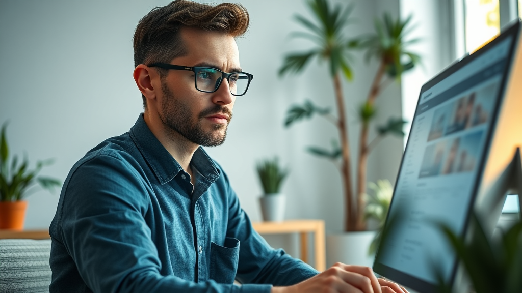 business for sale focused entrepreneur examining business listings on a computer screen in a modern home office