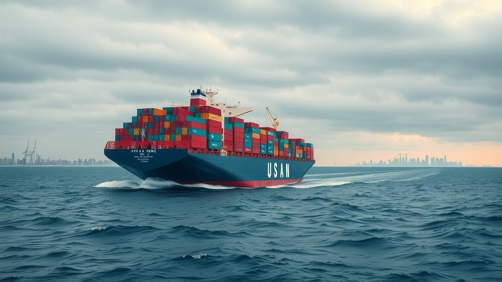 trade war 2025 container ship with US and Chinese containers, trade route tension and tariff impacts