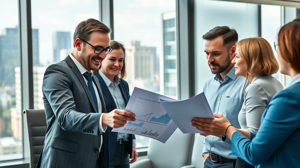 Business brokers guiding business owners through paperwork and financial graphs - businesses for sale