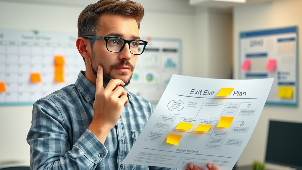exit strategy dedicated entrepreneur planning business exit strategy with flowcharts and sticky notes for selling a business