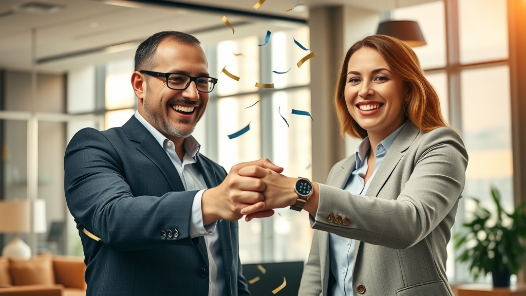 Business owner and business transfer agent celebrating a successful sale, agent handing keys with joy, representing success with business transfer agents