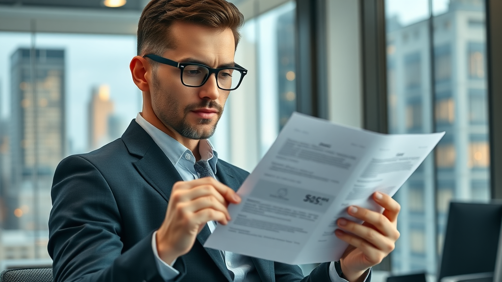 business sale owner reviewing documents in a modern sleek office, United States, cityscape