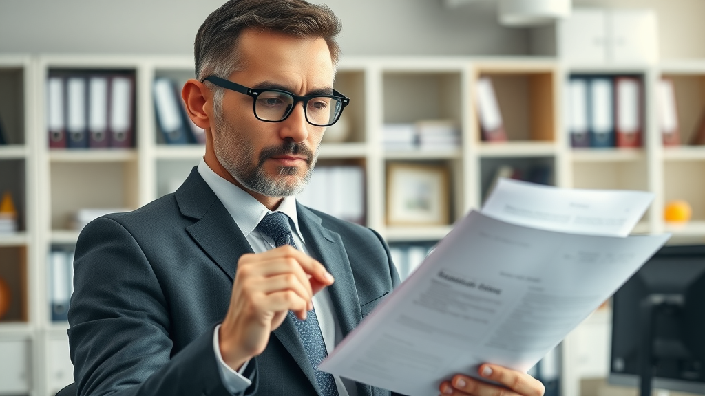 Selling a business: Professional consultant reviewing financial records and legal documents in a modern office