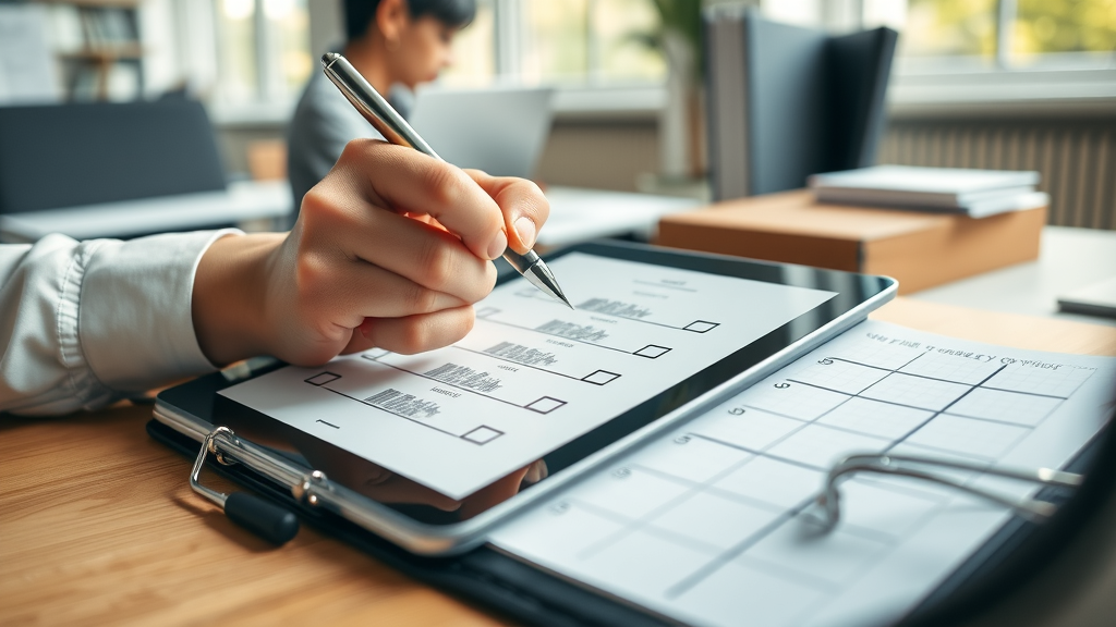 Business seller checking off broker fee best practices checklist on a digital tablet at an organized desk