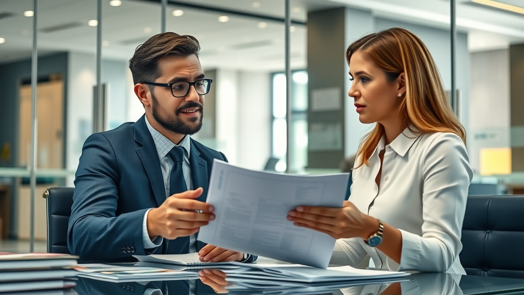 hopeful entrepreneur discussing business loan downpayment options with bank manager
